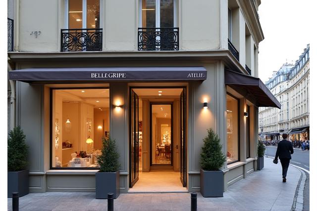 Vue extérieure d'une rue parisienne élégante avec Bellegriffe Atelier