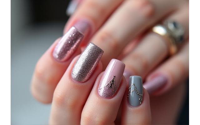 Nail art complexe avec détails fins sur des ongles colorés